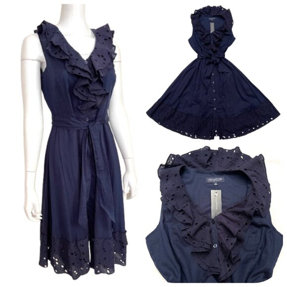 NWT Jones New York Eyelet button Up Navy ruffle twirl Cotton Shirt Dress 6P - Picture 1 of 12